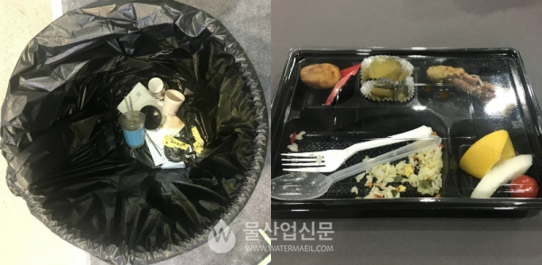 대한민국 국제물주간의 식사는 모두 1회용품에 담겨져 나온다. 쓰레기통에 담겨져 있는 1회용품들.